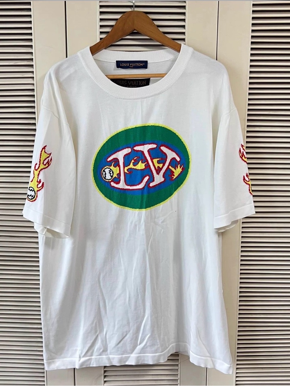 Louis Vuitton White Short-Sleeve Logo Tee with Multicolor Patch Size S